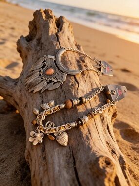 2 Boho Silver-Tone and Brown Beaded Necklace Sets with Earrings